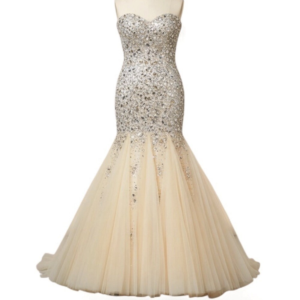 Tony Bowls Paris Strapless Beaded Mermaid Ball Gown Prom Gown Ivory Gold Size 2